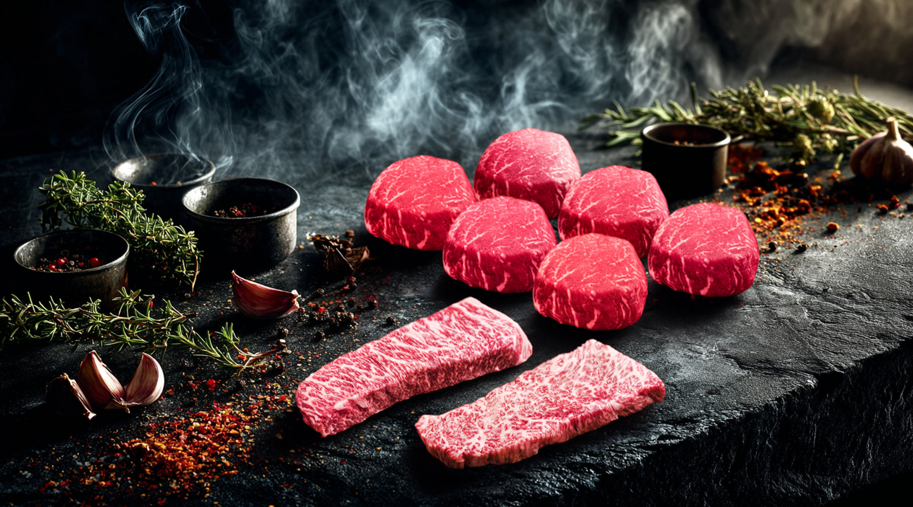 Marbled Meatery Dinner Party steak package with six filet mignons and two marbled New York strips on dark slate, perfect for hosting memorable gatherings.