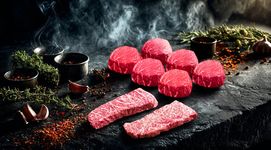 Marbled Meatery Dinner Party steak package with six filet mignons and two marbled New York strips on dark slate, perfect for hosting memorable gatherings.